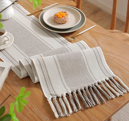 Caflife Boho Table Runner Natural Stripe for Modern Farmhouse Coffee Table Decor, Rustic Woven Runner with Handcrafted Tassels for Home Dining Table décor 13 x 90 Inch Long