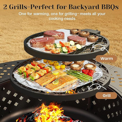 Outdoor Fire Pit, 48" Fire Pit for Outside Wood Burning with Adjustable 2 Grills, Firepit with Lid and Fire Poker, BBQ, Bonfire, Round Outdoor Fireplace 3 in 1 for Patio, Backyard, Garden, Camping