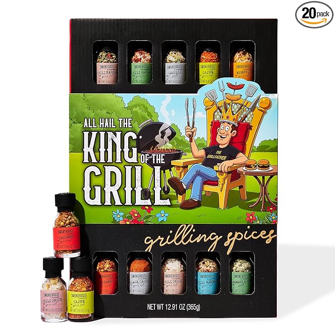 Smokehouse by Thoughtfully, Gourmet Ultimate Grilling Spice Set with King of the Grill/Father's Day Wrap, Includes 20 BBQ Seasonings & Rubs Like Chili Garlic, Italian, and Cajun, Gift for Dad, Uncle, Husband