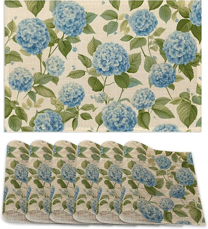 Placemats12x18 Inch,Blue Hydrangea Placemats,Vintage Floral Kitchen Dining Coffee Table Mats Set of 6 for Home Indoor Outdoor Party