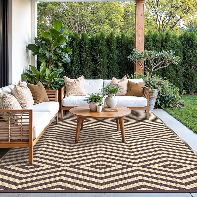 GENIMO Outdoor Rug, Waterproof Plastic Rugs for Patio, 8'x10' Mocha Beige | Outside Larger Modern Carpet Mat for Porch Decor, Deck, Balcony, Camping, RV, Backyard, Picnic, Beach, Reversible, Foldable
