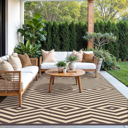 GENIMO Outdoor Rug, Waterproof Plastic Rugs for Patio, 8'x10' Mocha Beige | Outside Larger Modern Carpet Mat for Porch Decor, Deck, Balcony, Camping, RV, Backyard, Picnic, Beach, Reversible, Foldable