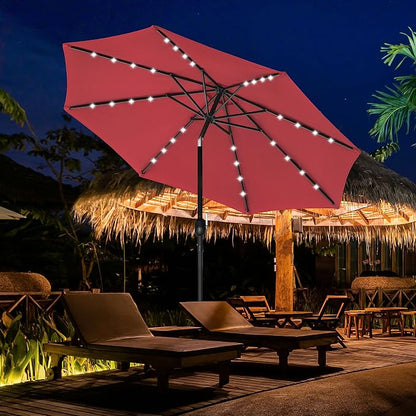 YSSOA 9' Solar Umbrella 32 LED Lighted Patio Umbrella Table Market Umbrellas with Push Button Tilt/Crank Outdoor for Garden, Deck, Backyard and Pool, Red