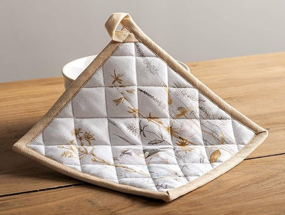 Maison d' Hermine Pot Holders 100% Cotton Heat Resistant Potholders 8" x 8" Hot Pads with Loop Baking Hotel Farmhouse Kitchen Handling Hot Pans Spring Summer (Pack of 2, Meadow Florals - Beige)