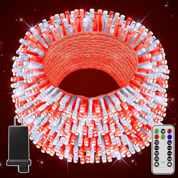 196FT 600 LED Christmas Lights Outdoor Waterproof, Timer & Memory Function, 8 Modes Red White String Lights Plug in Twinkle Lights for Xmas Tree Holiday Garden Indoor Party Decor