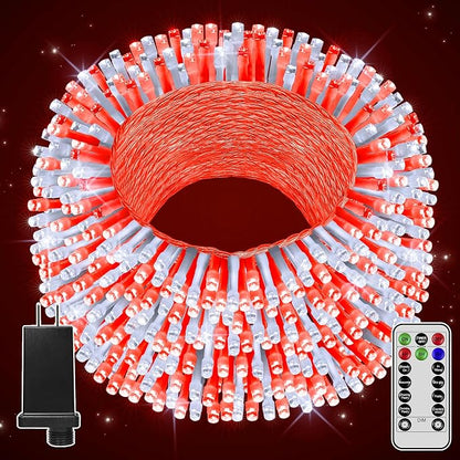 196FT 600 LED Christmas Lights Outdoor Waterproof, Timer & Memory Function, 8 Modes Red White String Lights Plug in Twinkle Lights for Xmas Tree Holiday Garden Indoor Party Decor