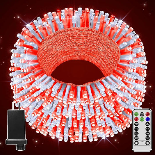 196FT 600 LED Christmas Lights Outdoor Waterproof, Timer & Memory Function, 8 Modes Red White String Lights Plug in Twinkle Lights for Xmas Tree Holiday Garden Indoor Party Decor