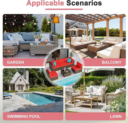 6 Pieces Patio Furniture Set Outdoor Couch Wicker Sectional Sofa, Red