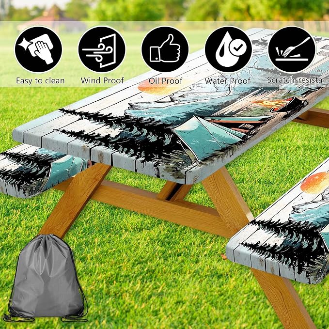 Picnic Table Cover with Bench Covers and Bag, Wooden Camper Waterproof Windproof, Fitted Tablecloth Cover with Elastic Edge, for Indoor & Outdoor, Garden, Camping, 3 Pieces Set, 30x96 Inch