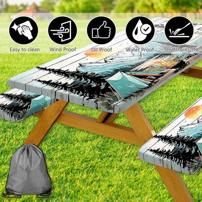 Picnic Table Cover with Bench Covers and Bag, Wooden Camper Waterproof Windproof, Fitted Tablecloth Cover with Elastic Edge, for Indoor & Outdoor, Garden, Camping, 3 Pieces Set, 30x72 Inch