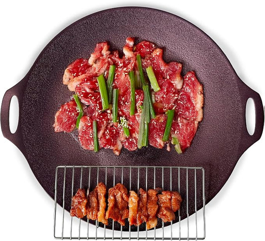TECHEF - 14-inch Nonstick Round Griddle Grill Pan for Korean BBQ/Teppanyaki Pan, Tawa, Roti Pan/Induction Ready/Made in Korea (Griddle with Rack)