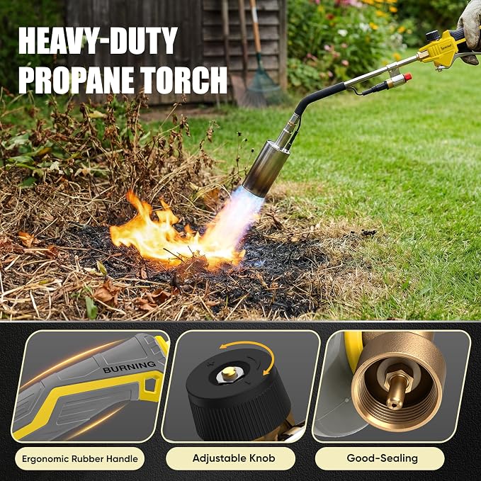 Propane Torch Weed Torch Burner Heavy Duty-340,000 BTU Weed Burner with 2 Extension Modes, Piezo Trigger(Self Igniting)&12.5ft Hose, Multi-Fuel Compatible(1lb-100lb) for Weeds, Ice Melting