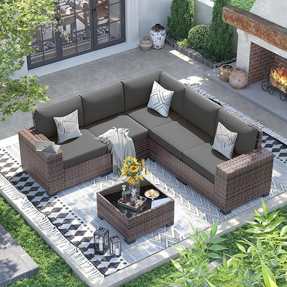 UDPATIO Patio Furniture Set, 8 Inch Armrest Outdoor Sectional Sofa with Wicker Coffee Table, 6 Piece Conversation for Garden, Backyard, Dark Grey