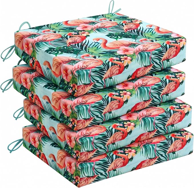 UNIKOME Outdoor Chair Cushions Pack of 4, Water Resistant Patio Cushions with Ties, High Density Sponge Filling Square Corner Seat Cushions for Outdoor Furniture, 18.5"*16"*3", Pink Flamingos