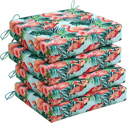 UNIKOME Outdoor Chair Cushions Pack of 4, Water Resistant Patio Cushions with Ties, High Density Sponge Filling Square Corner Seat Cushions for Outdoor Furniture, 18.5"*16"*3", Pink Flamingos