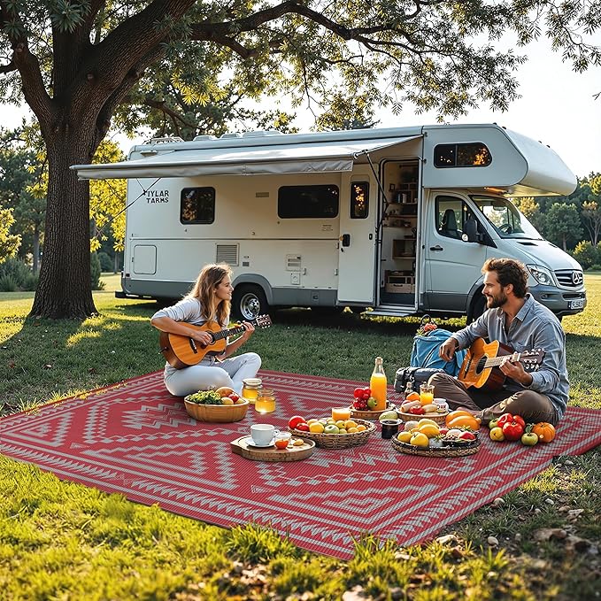 GENIMO Outdoor Rug, Waterproof Plastic Rugs for Patio, 6'x9' Mist Red | Outside Larger Modern Carpet Mat for Porch Decor, Deck, Balcony, Camping, RV, Backyard, Picnic, Beach, Reversible, Foldable