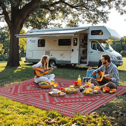 GENIMO Outdoor Rug, Waterproof Plastic Rugs for Patio, 6'x9' Mist Red | Outside Larger Modern Carpet Mat for Porch Decor, Deck, Balcony, Camping, RV, Backyard, Picnic, Beach, Reversible, Foldable