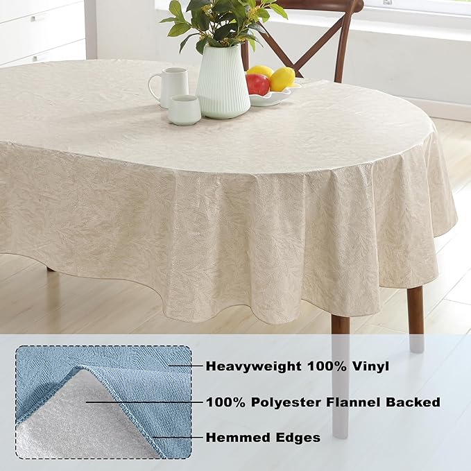 Newbridge Napa Leaf Taupe Vinyl Flannel Backed Tablecloth, 60 x 84 Inch Oval, Hotel Quality Waterproof Indoor Outdoor Table Cover for Kitchen, Patio, Dining, BBQ