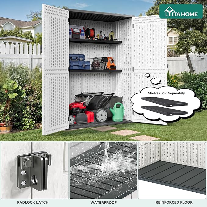 YITAHOME 59 cuft Outdoor Vertical Storage Shed, Tall Storage Shed Outdoor w/o Shelf, Outdoor Waterproof Storage Cabinet for Garage, Pool Storage, Garden Shed Outdoor Storage, Light Gray