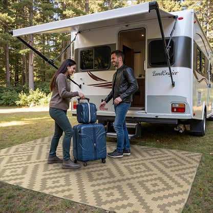 GENIMO Outdoor Rug, Waterproof Plastic Rugs for Patio, 6'x9' Oat Beige | Outside Larger Modern Carpet Mat for Porch Decor, Deck, Balcony, Camping, RV, Backyard, Picnic, Beach, Reversible, Foldable