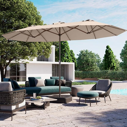PatioKingdom 15FT Large Patio Umbrella with Base, Double Sided Rectangular Outdoor Umbrella with Sturdy Fiberglass Ribs, Market Umbrella for Pool,Garden,Backyard,Deck (Beige, 15FT)