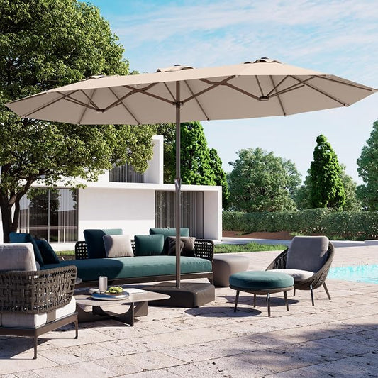 PatioKingdom 15FT Large Patio Umbrella with Base, Double Sided Rectangular Outdoor Umbrella with Sturdy Fiberglass Ribs, Market Umbrella for Pool,Garden,Backyard,Deck (Beige, 15FT)