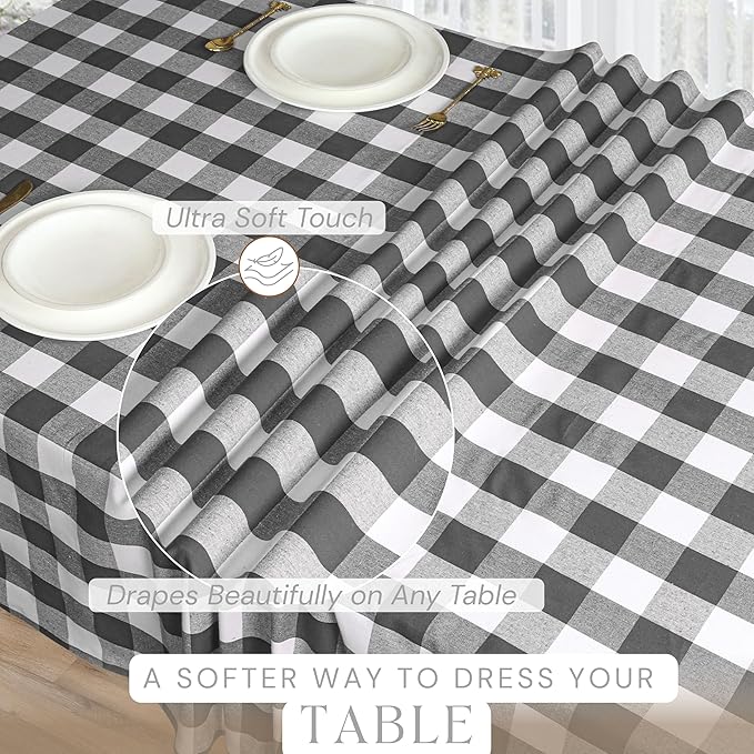 Grey and White Buffalo Check Tablecloth, 60x102 Inches, Plaid Dining Cover, 100% Cotton, Washable, Reusable Farmhouse Table Linen for Winter, Weddings, Buffet Parties, Everyday Dining