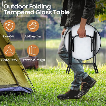 Foldable Side Table with Tempered Glass Top, Yellow | 18" Small Patio Side Tables Outdoor for Porch Yard Balcony Deck Lawn Garden