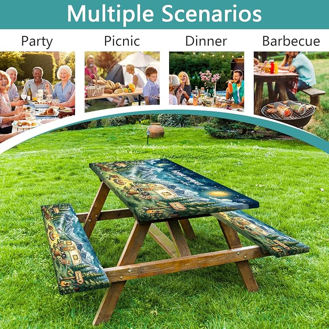 Picnic Table Cover with Bench Covers and Bag, Camping Essentials, Happy Camper Starry Night Waterproof Camping Tablecloth, Elastic Edges Fitted Rectangle Tables for Outdoor & Garden, 3PCS, 30x60 Inch