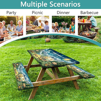 Picnic Table Cover with Bench Covers and Bag, Camping Essentials, Happy Camper Starry Night Waterproof Camping Tablecloth, Elastic Edges Fitted Rectangle Tables for Outdoor & Garden, 3PCS, 30x60 Inch