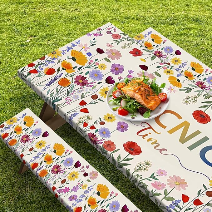 Picnic Table Cover with Bench Covers, Wildflower Boho, 72 Inch | 3PCS Camper fitted waterproof outdoor camping tablecloth essentials with elastic edges and drawstring bag