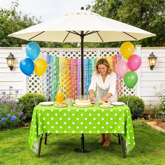 Poise3EHome Outdoor Tablecloth Rectangle with Umbrella Hole Waterproof Green and White Tablecloth for Spring Picnic Party Patio Table Camping, Green Polka Dot (60X104 Zipper)