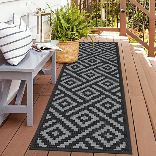 GENIMO Outdoor Rug, Waterproof Plastic Runner Rugs, 2.5'x8' Black Grey | Outside Modern Carpet Mat for Patio Decor, Porch, Deck, Balcony, Camping, RV, Picnic, Beach, Reversible, Foldable