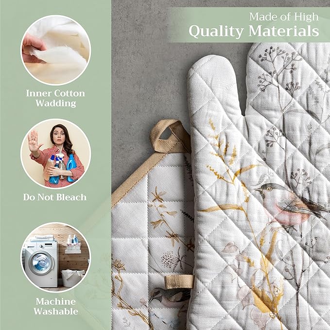 Maison d' Hermine 100% Cotton Oven Mitt & Pot Holder Set (7.5"x13" & 8"x8") Heat Resistant BBQ Cooking Gloves with Loop Baking Kitchen Hotel Home Farmhouse Spring Summer (Meadow Florals - Beige)