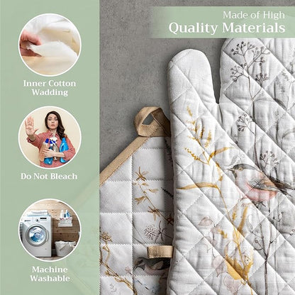Maison d' Hermine 100% Cotton Oven Mitt & Pot Holder Set (7.5"x13" & 8"x8") Heat Resistant BBQ Cooking Gloves with Loop Baking Kitchen Hotel Home Farmhouse Spring Summer (Meadow Florals - Beige)