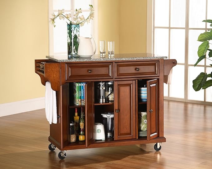 Crosley Furniture Full Size Granite Top Rolling Kitchen Island Storage Cart, Microwave Stand, Spice Rack, Cherry