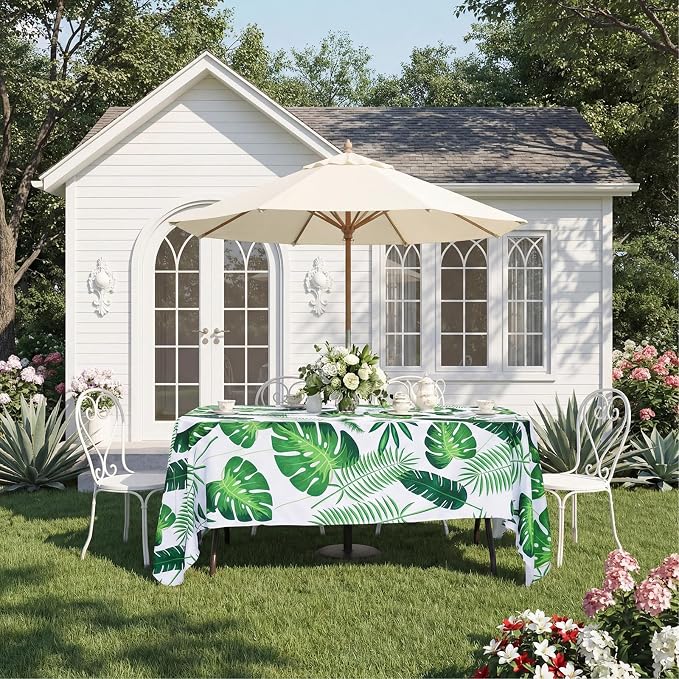 SquarePie Rectangle Outdoor Tablecloth with Umbrella Hole and Zipper 60x104 inch Waterproof Spillproof Patio Table Cloth Cover for Spring Summer Garden Party BBQs Host Backyard, Palm Leaf