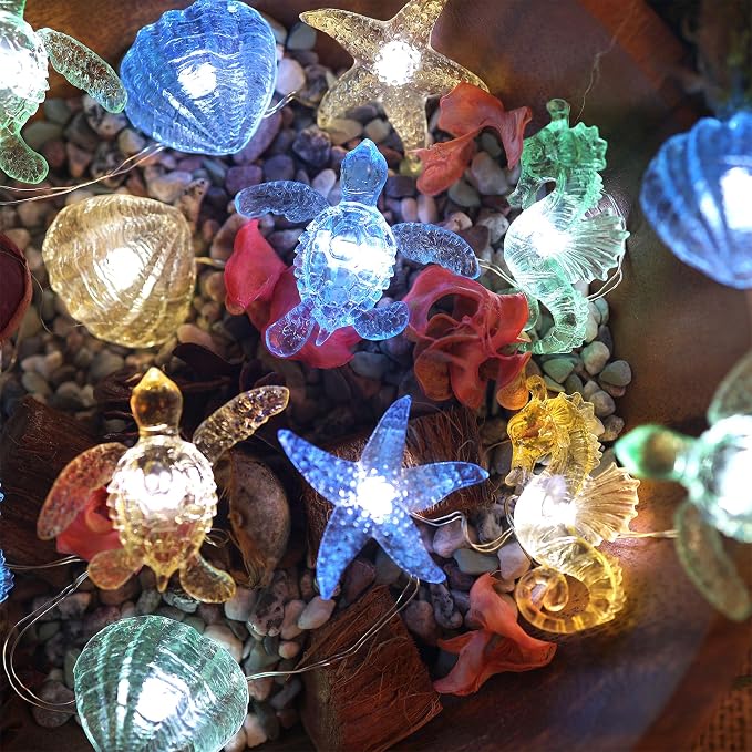 Beach Decorative Lights Marine Sea Life Décor Ocean Fairy Lights Nautical Waterproof Battery Operated String Lights Under The Sea Christmas Tree Decoration 30LED 10ft Summer Garden Tent Decor
