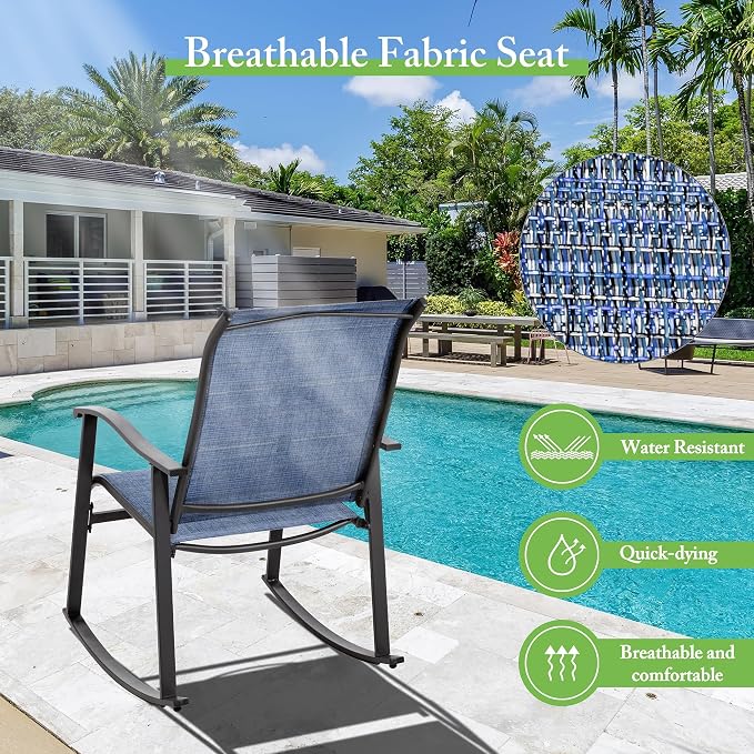Shintenchi Rocking Chair Outdoor with Table, 3 Piece Rocking Patio Bistro Set, Outdoor Furniture Set with Metal Frame and Textilene Fabric for Small Space, Dark Blue