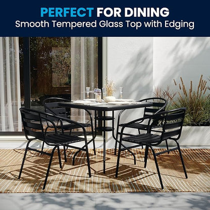 Flash Furniture 5-Piece Patio Dining Set with 31.5" Square Glass Metal Table and 4 Stackable Slat Back Chairs, Indoor/Outdoor Bistro Set, Black