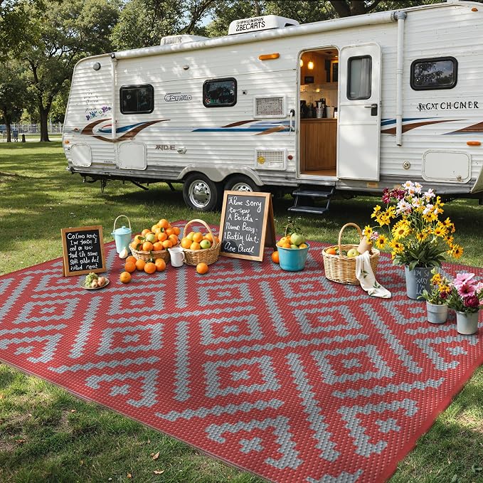 GENIMO Outdoor Rug, Waterproof Plastic Rugs for Patio, 9'x12' Red Grey | Outside Larger Modern Carpet Mat for Porch Decor, Deck, Balcony, Camping, RV, Backyard, Picnic, Beach, Reversible, Foldable