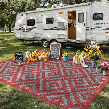 GENIMO Outdoor Rug, Waterproof Plastic Rugs for Patio, 9'x12' Red Grey | Outside Larger Modern Carpet Mat for Porch Decor, Deck, Balcony, Camping, RV, Backyard, Picnic, Beach, Reversible, Foldable