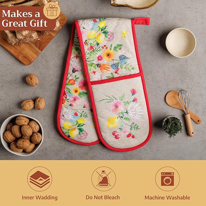 Maison d' Hermine Double Oven Mitts 100% Cotton 7"x35" Double Oven Mitt Heat Resistant BBQ Cooking Gloves with Loop Baking Grilling Kitchen Hotel Home Farmhouse Spring Summer (Jardin D'Ete - Fog)