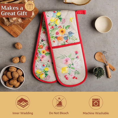 Maison d' Hermine Double Oven Mitts 100% Cotton 7"x35" Double Oven Mitt Heat Resistant BBQ Cooking Gloves with Loop Baking Grilling Kitchen Hotel Home Farmhouse Spring Summer (Jardin D'Ete - Fog)