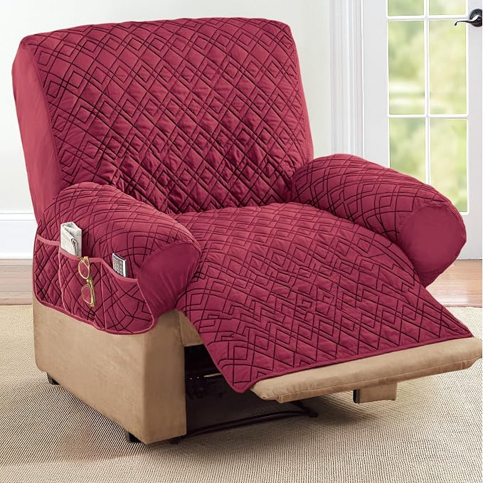 Collections Etc Diamond-Shape Quilted Stretch Recliner Cover with Storage Pockets and Elastic Straps - Furniture Protector, Burgundy, Recliner | Burgundy, Recliner, polyester, Storage Pocket