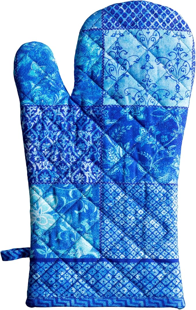 Maison d'Hermine Oven Gloves 100% Cotton Oven Mitt 7" x 13" with Loop Heat Resistant BBQ Cooking Gloves Baking Grilling Kitchen Hotel Home Farmhouse Spring Summer (Pack of 1, Indigo Love)