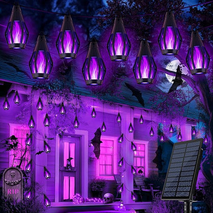 iBaycon 27FT 10 LED Solar Flame Halloween String Lights Outdoor, Purple | Ultra-Real Flickering Flame Lamp Outdoor Waterproof, Solar Patio String Lights for Garden Yard Lawn Halloween Decorations