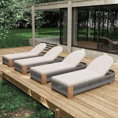 Merax 4-Piece Outdoor Chaise Lounge Chair with Adjustable Backrest & Waterproof Cushion - Acacia Wood Pool Sun Lounger for Patio, Beach, Yard, Garden, Grey