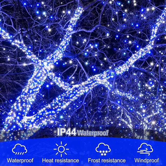 kemooie 500 LED Blue and White Christmas Lights, 164FT 8 Lighting Mode with Memory Plug in Christmas Tree Lights, for Outdoor Birthday Christmas Party Garden Balcony Decorations (Blue and White)