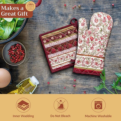 Maison d' Hermine 100% Cotton Oven Mitt & Pot Holder Set (7.5"x13" & 8"x8") | Heat Resistant BBQ Cooking Gloves with Loop Baking Kitchen Hotel Home Farmhouse Thanksgiving Christmas - Reveillon Au Jardin